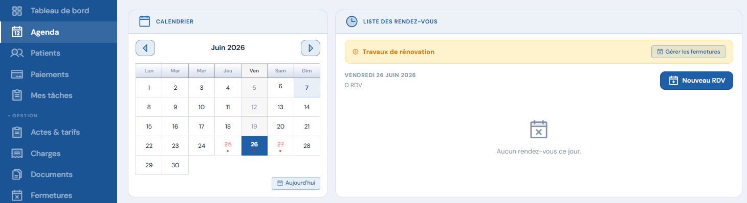 Fermetures dans l'agenda