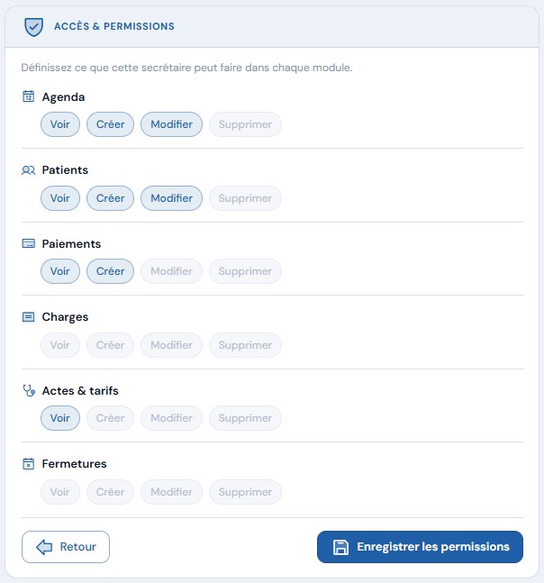 Définir les permissions d'une secrétaire